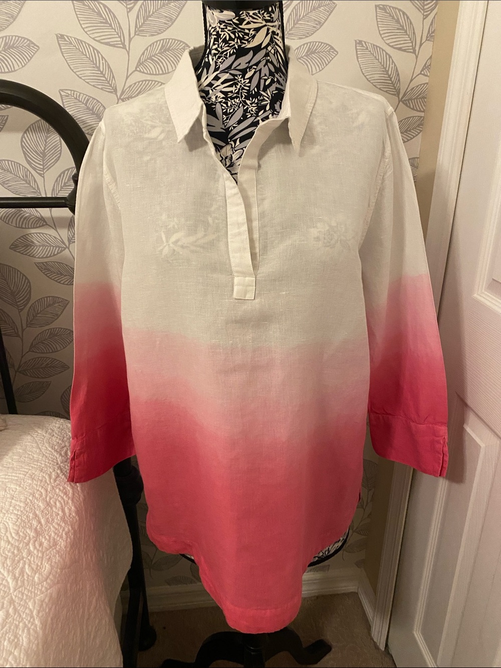 Vineyard Vines XL Women's Pink White Ombre’ Linen Cotton Blend Tunic 3/4 Sleeves